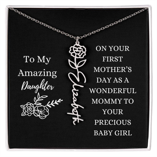 First Mother's Day Customizable Birth Flower Name Necklace | Black